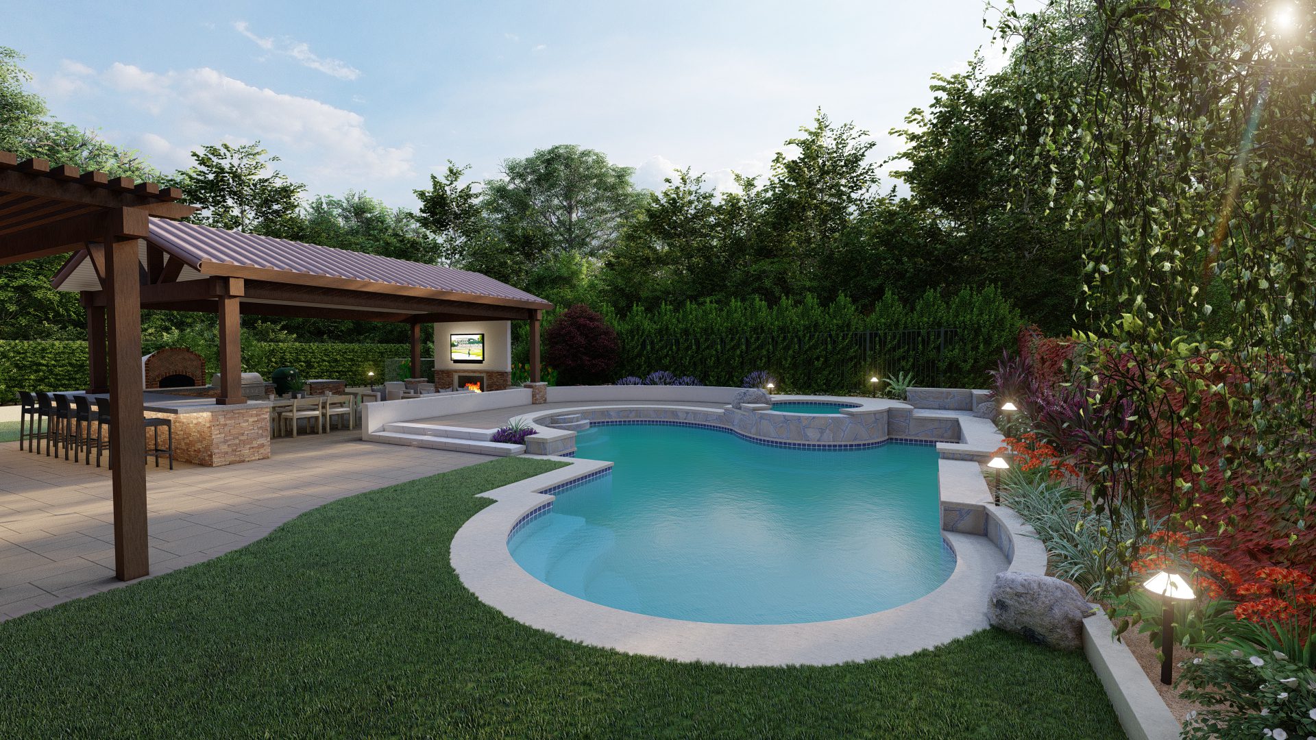 3D landscape design rendering showing pool and seating area created by Pacific Outdoor Living