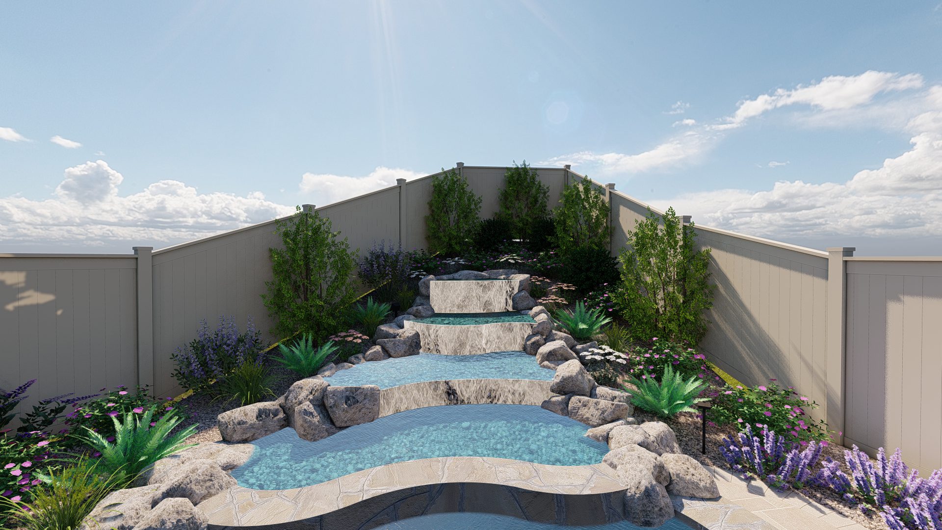 3D design rendering showing waterfall created by Pacific Outdoor Living