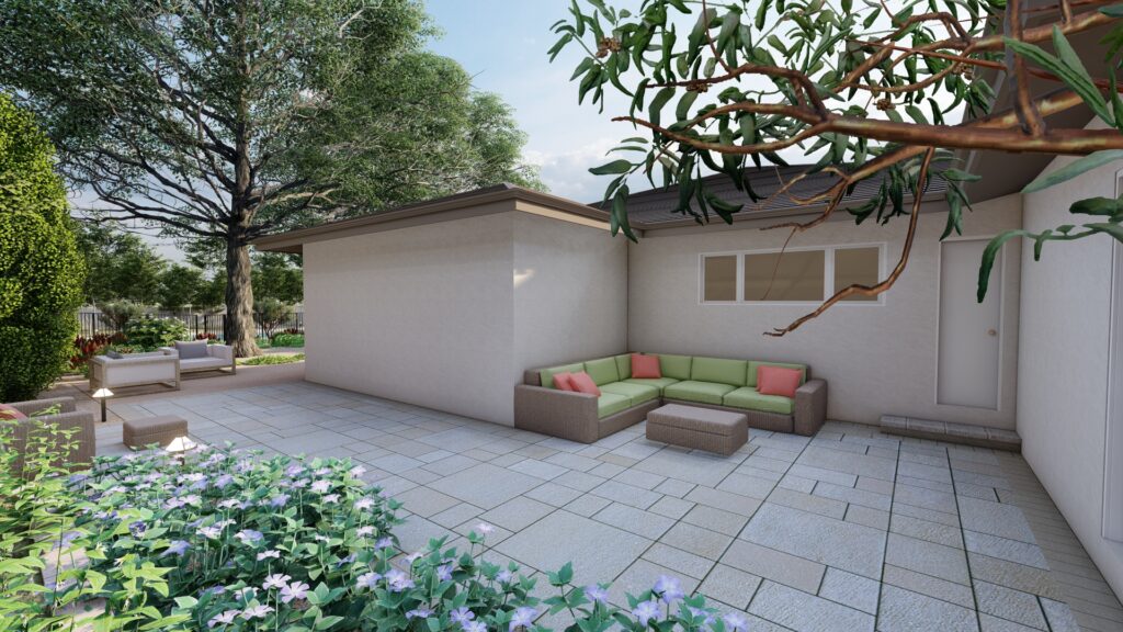3D landscape design rendering showing seating area created by Pacific Outdoor Living