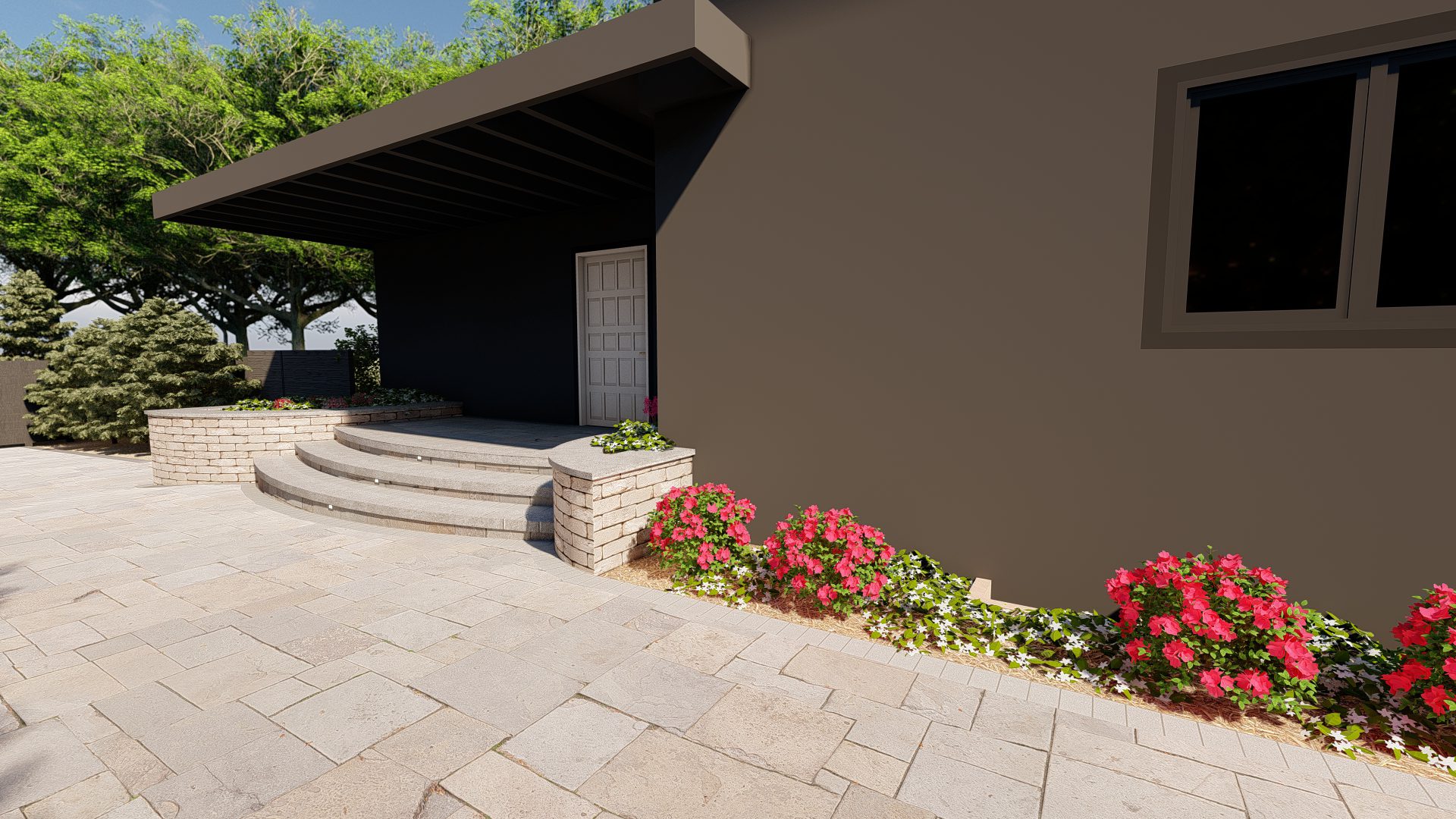 3D landscape design rendering showing driveway created by Pacific Outdoor Living