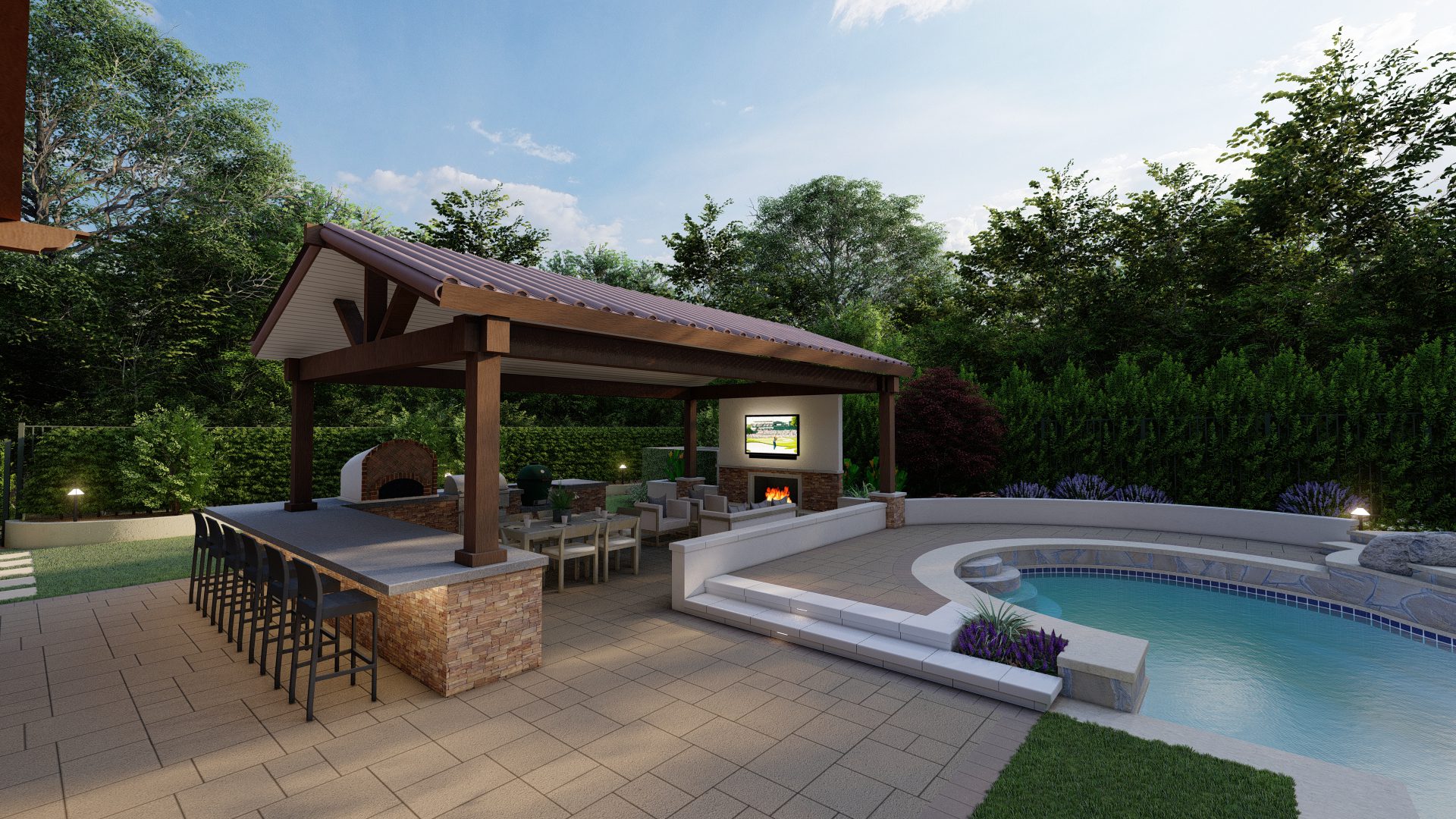 3D landscape design rendering showing pool and seating area created by Pacific Outdoor Living