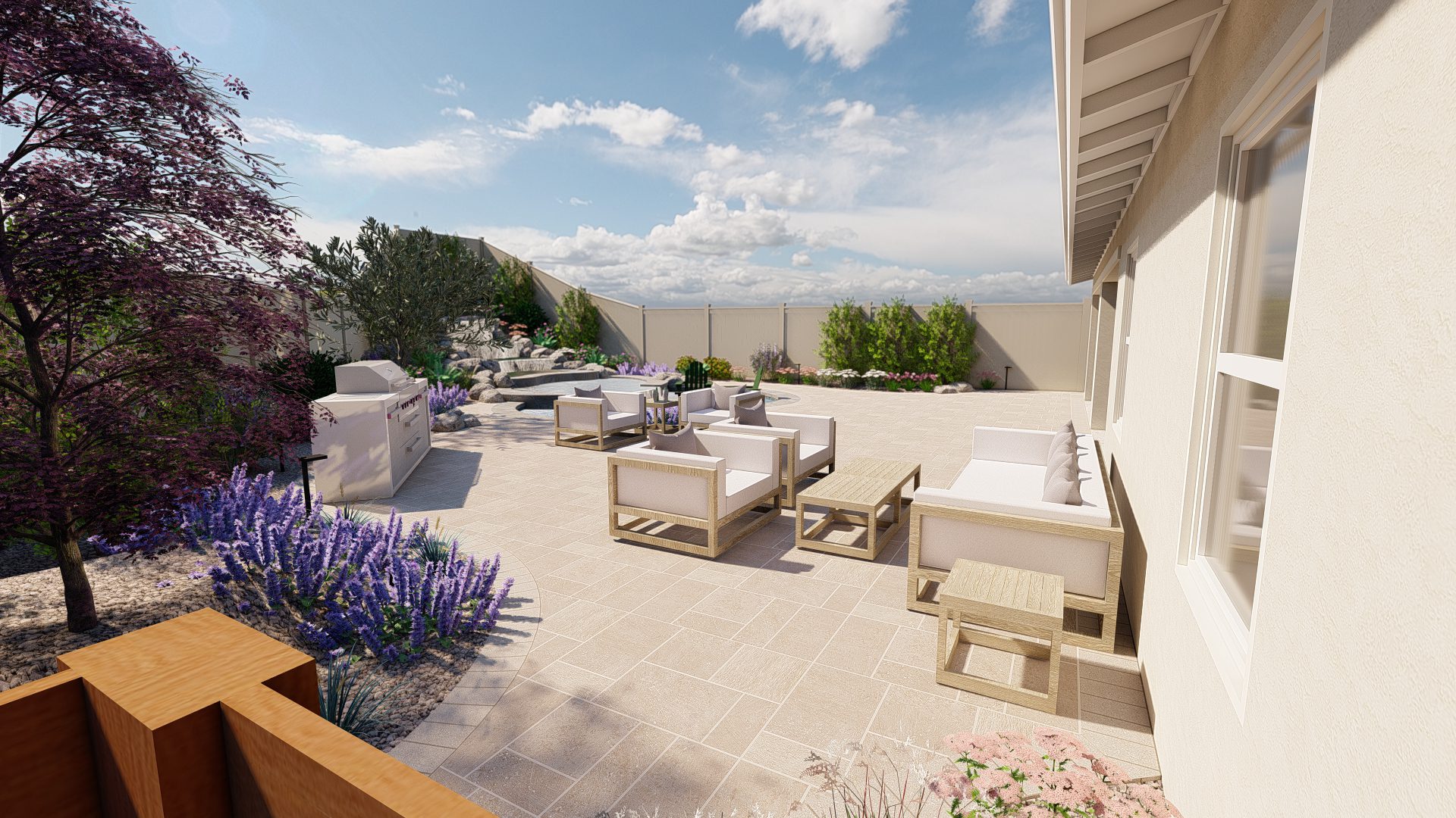 3D design rendering showing waterfall, pool, outdoor kitchen and seating area created by Pacific Outdoor Living