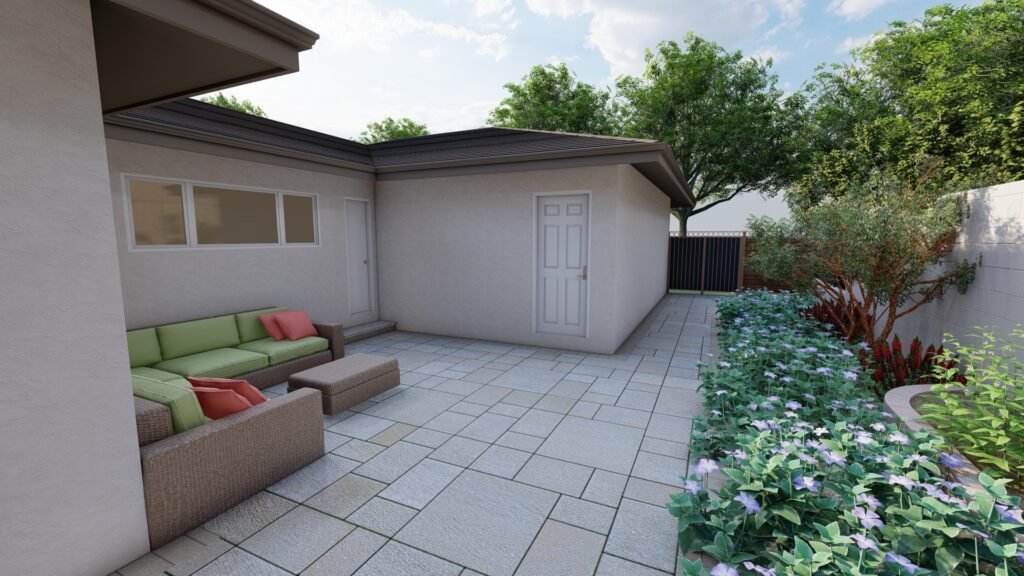 3D landscape design rendering showing seating area created by Pacific Outdoor Living