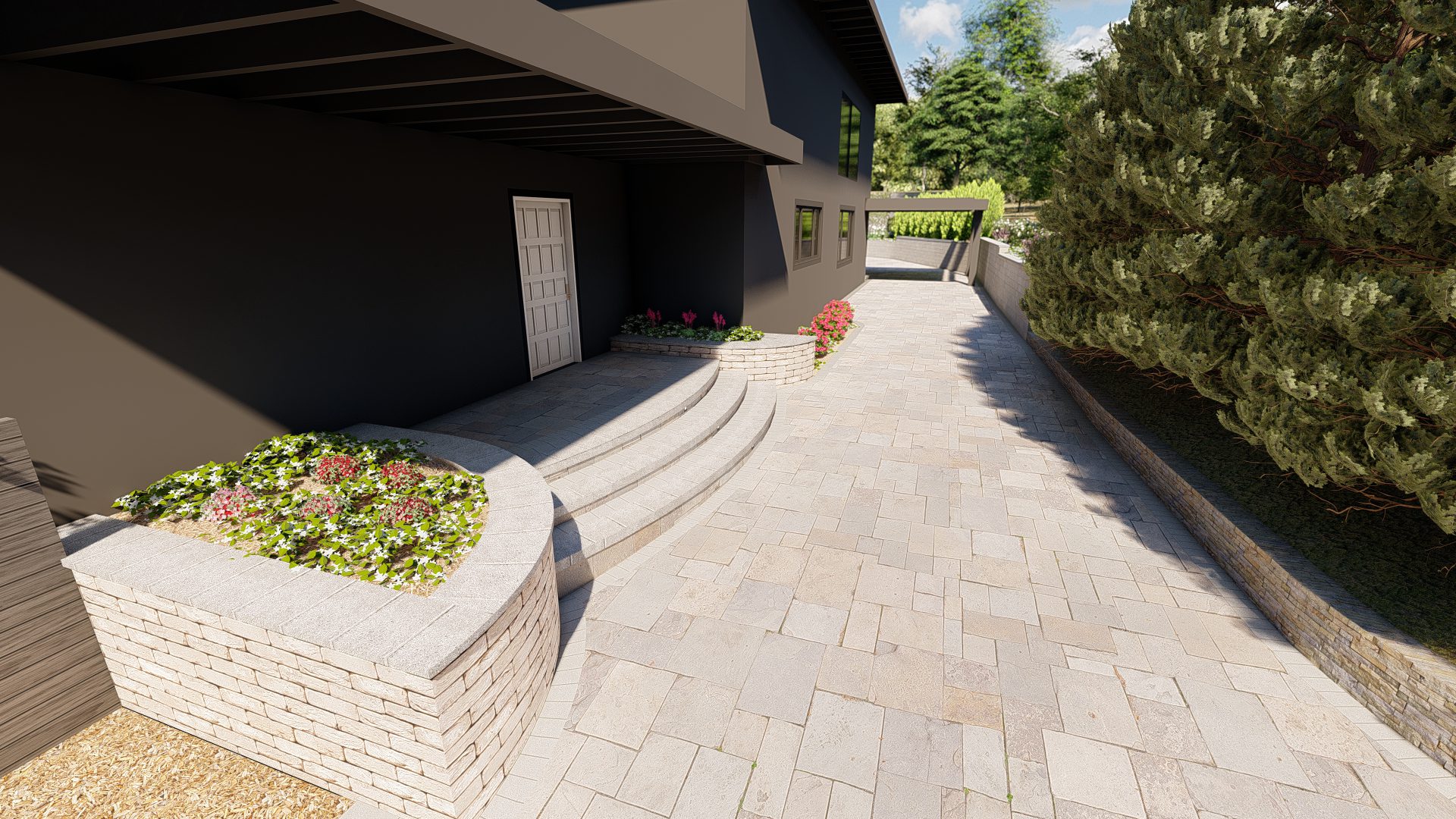 3D landscape design rendering showing driveway created by Pacific Outdoor Living