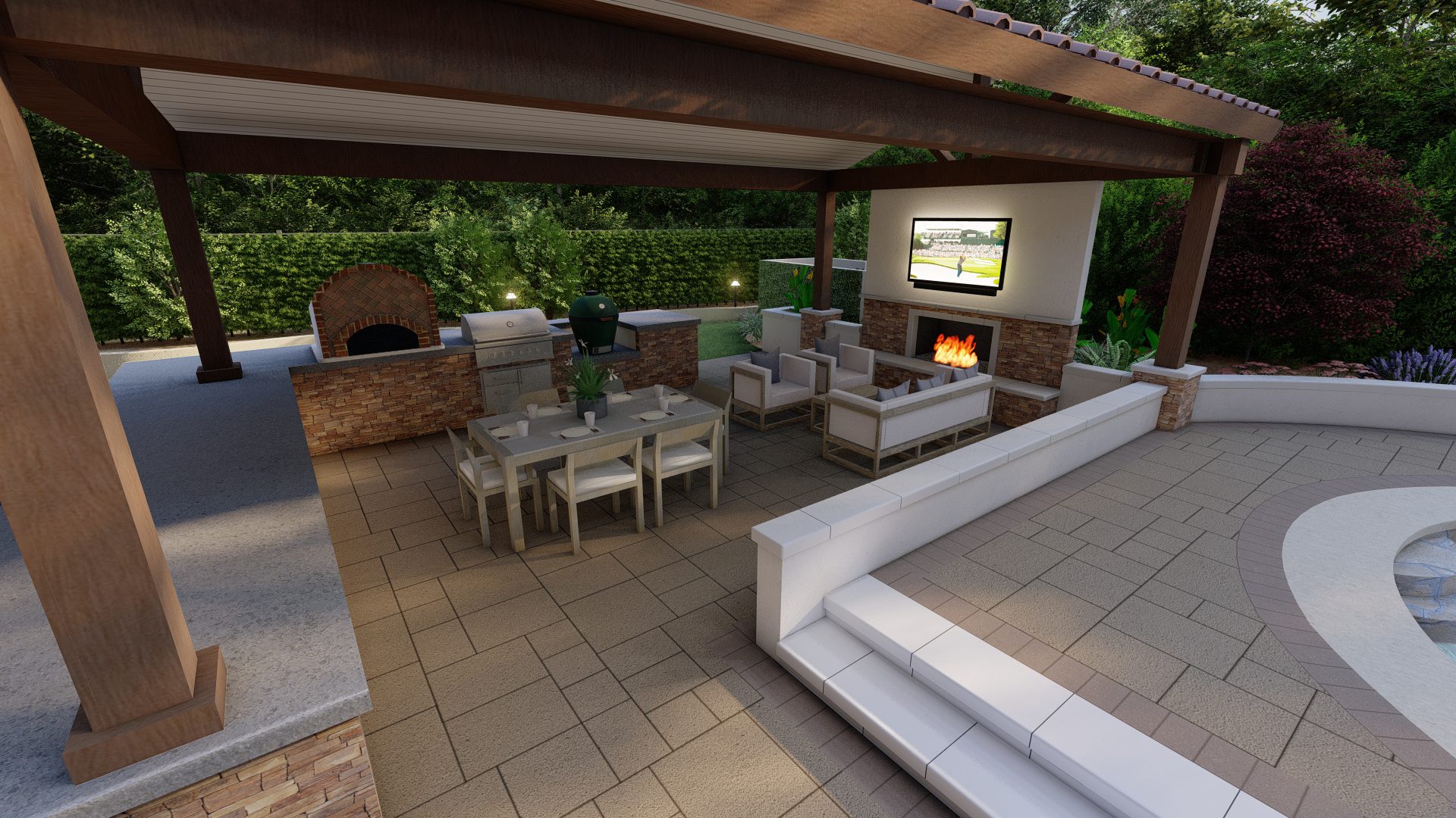3D landscape design rendering showing pool and seating area created by Pacific Outdoor Living