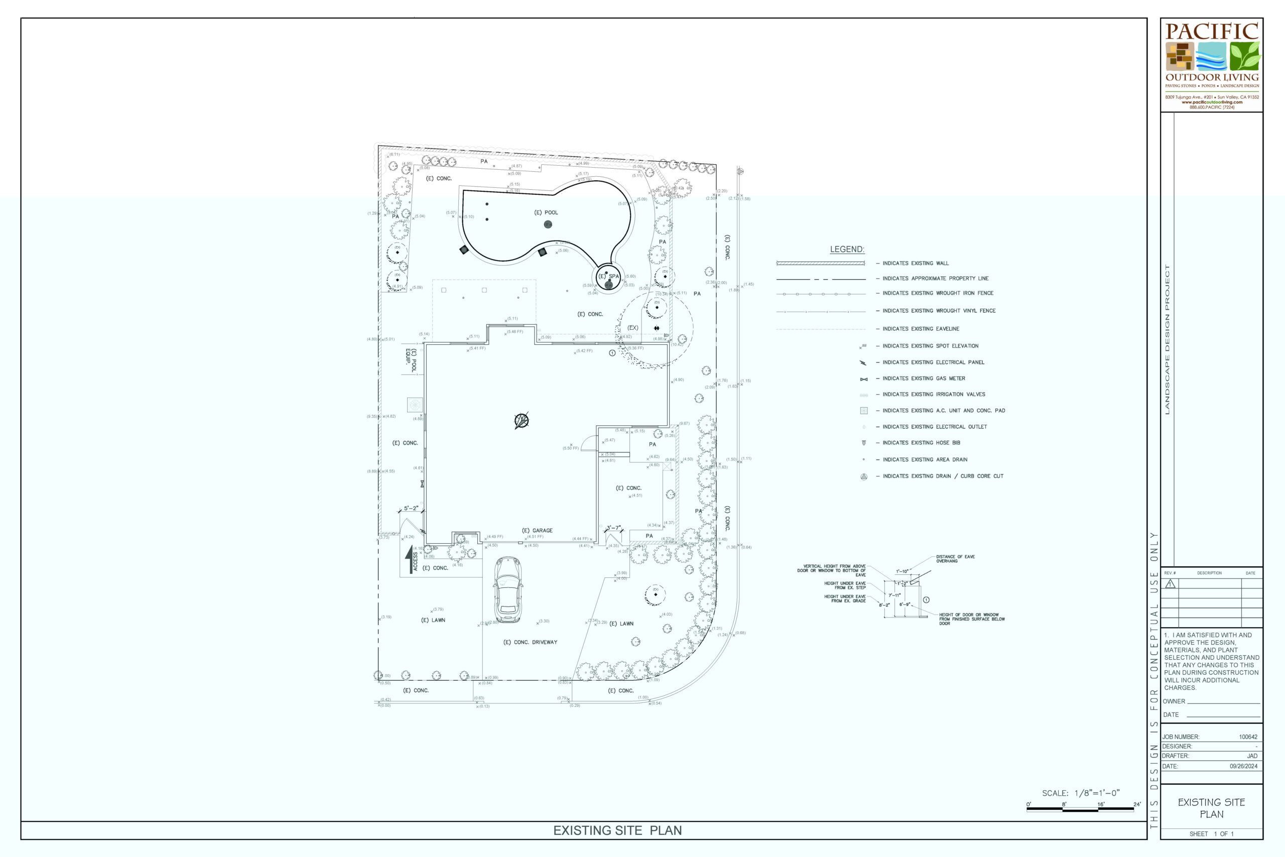 Existing site plan showing current backyard layout for landscape design project