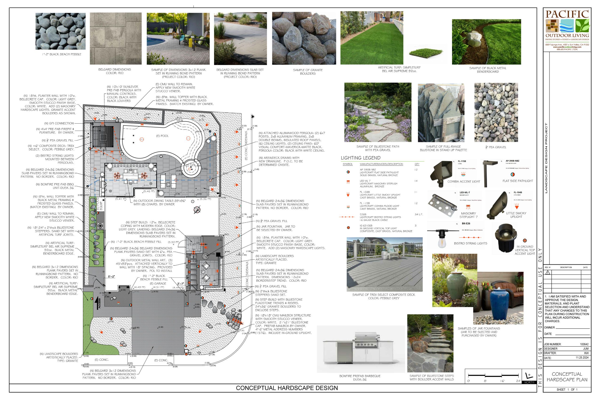 Conceptual landscape design plan showing backyard area, pool and spa, outdoor kitchen, and pergola layout by Pacific Outdoor Living