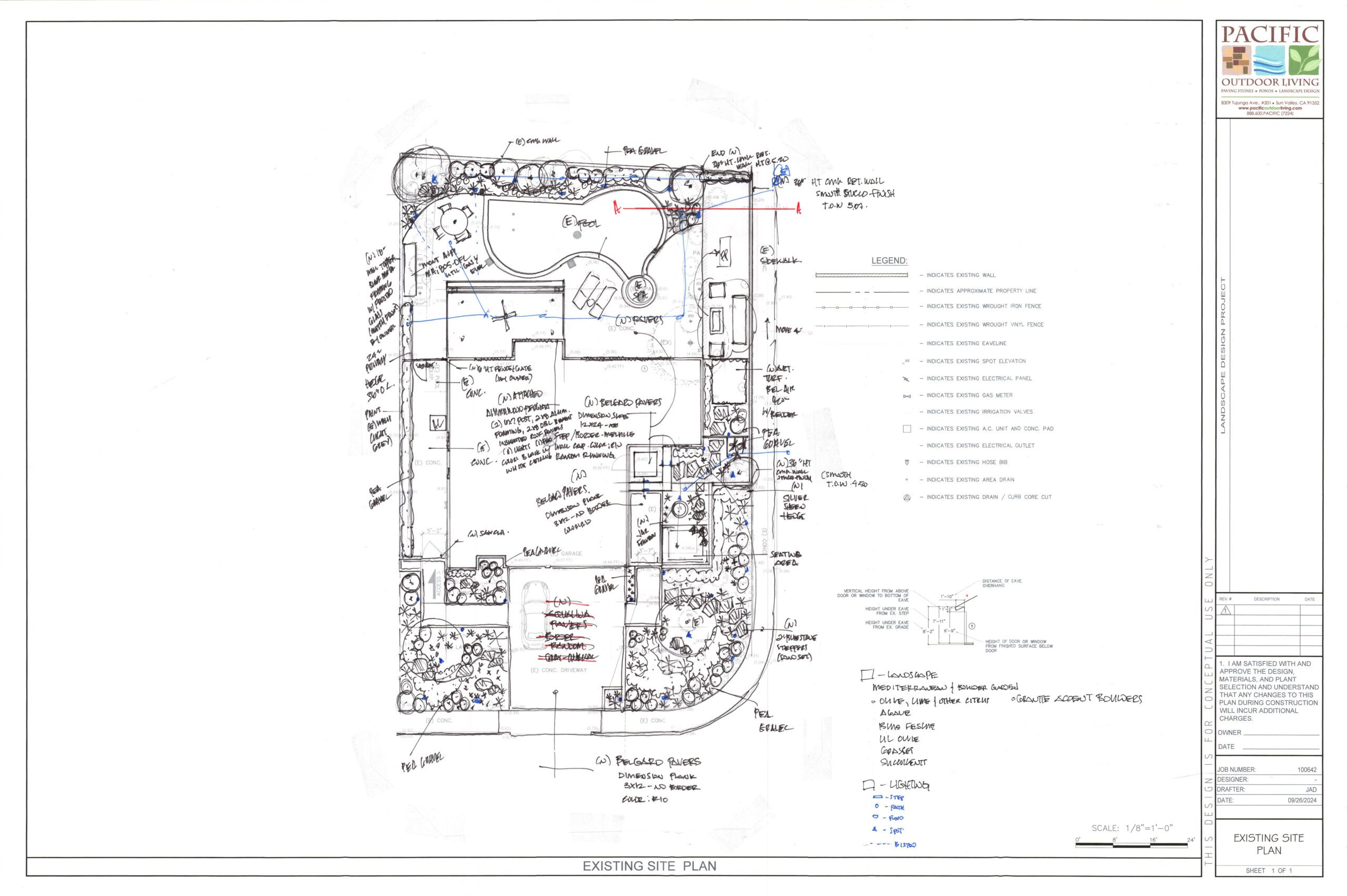 Hand-drawn design sketch for backyard area transformation layout by Pacific Outdoor Living