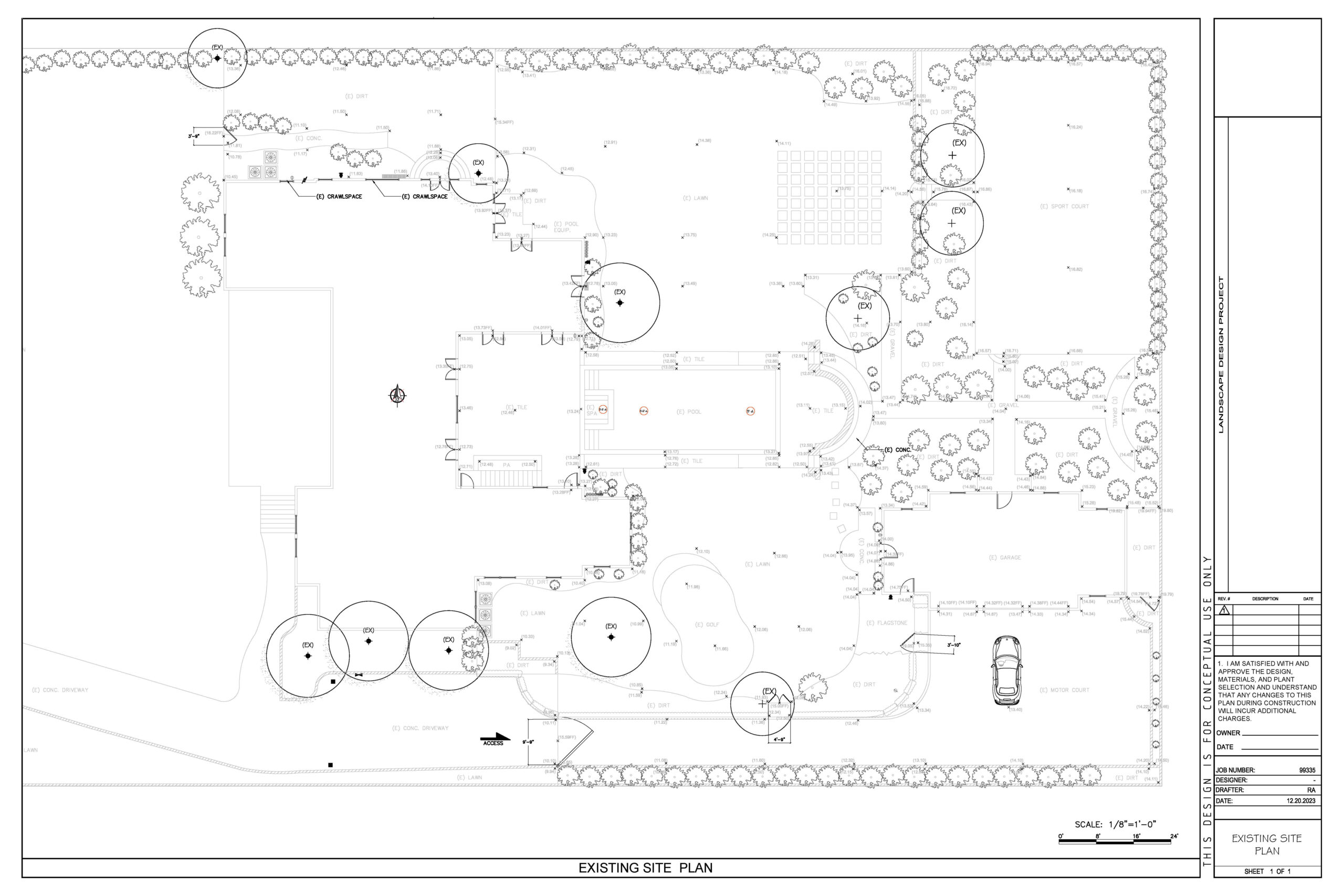 Existing site plan showing current backyard layout in Pasadena for landscape design project