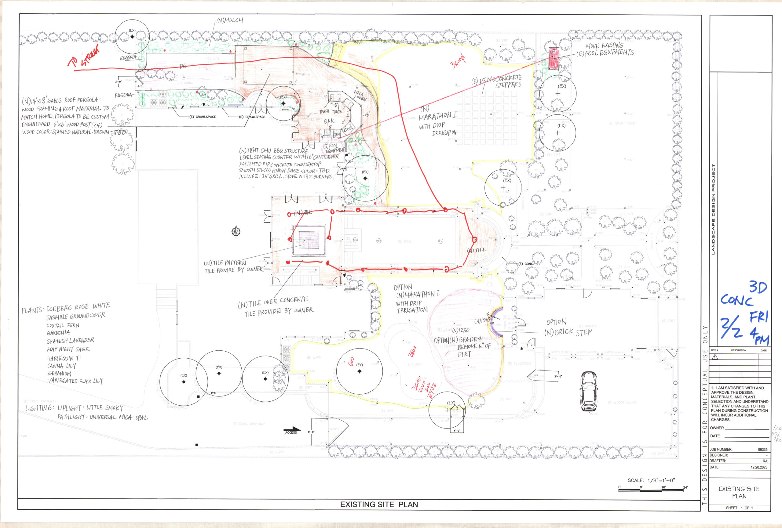 Hand-drawn landscape design sketch showing pool, patio, and seating layout in Pasadena by Pacific Outdoor Living