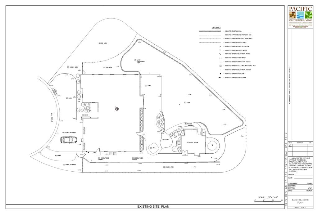 Existing site plan showing current backyard layout for landscape design project