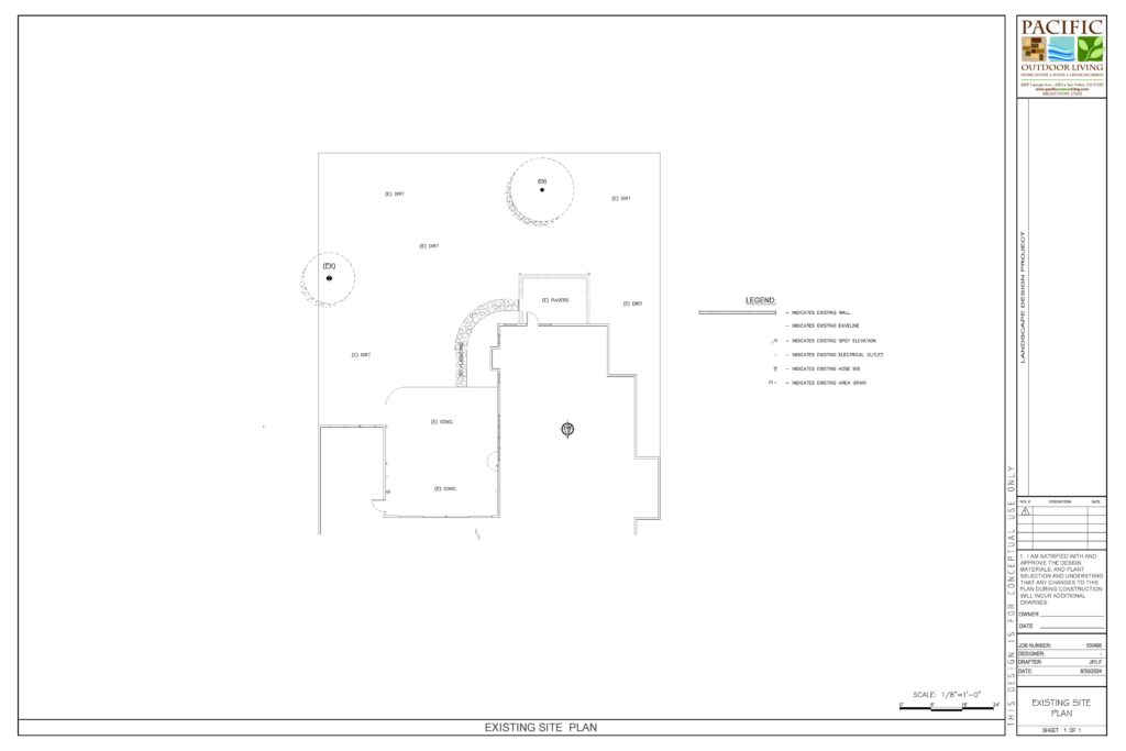Existing site plan showing current backyard layout for landscape design project