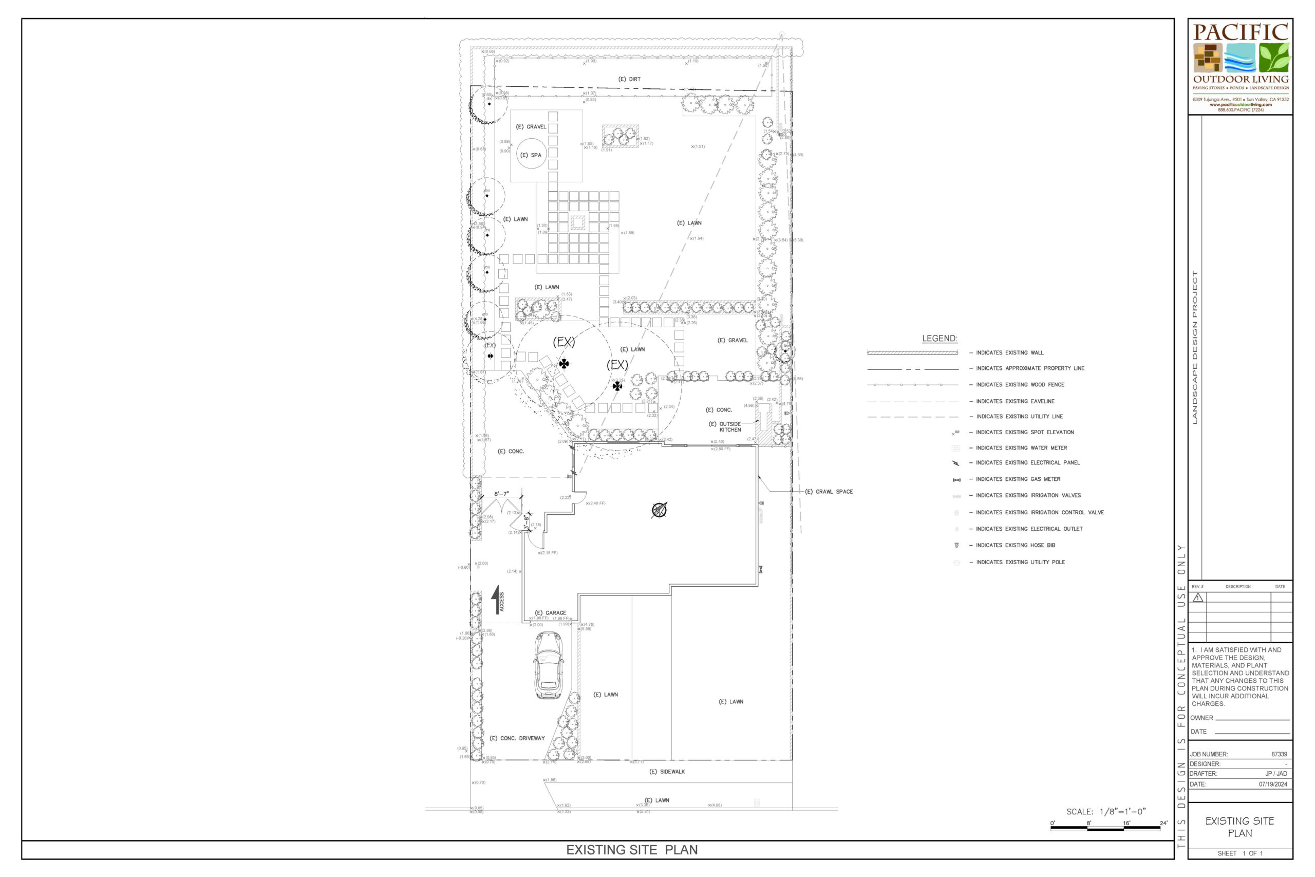 Existing site plan showing current backyard layout for landscape design project