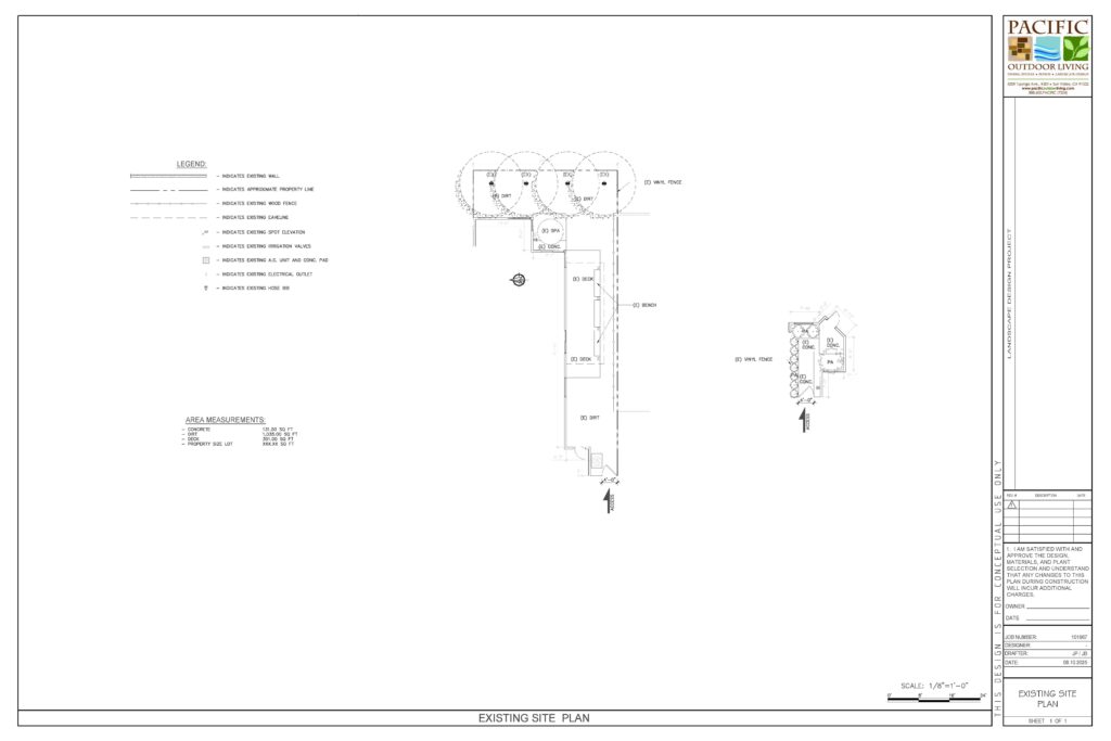 Existing site plan showing current backyard layout for landscape design project