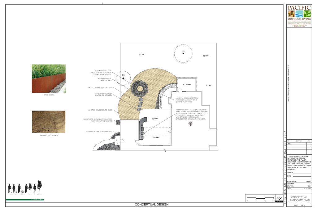 Conceptual landscape design plan showing outdoor kitchen and firepit area layout by Pacific Outdoor Living