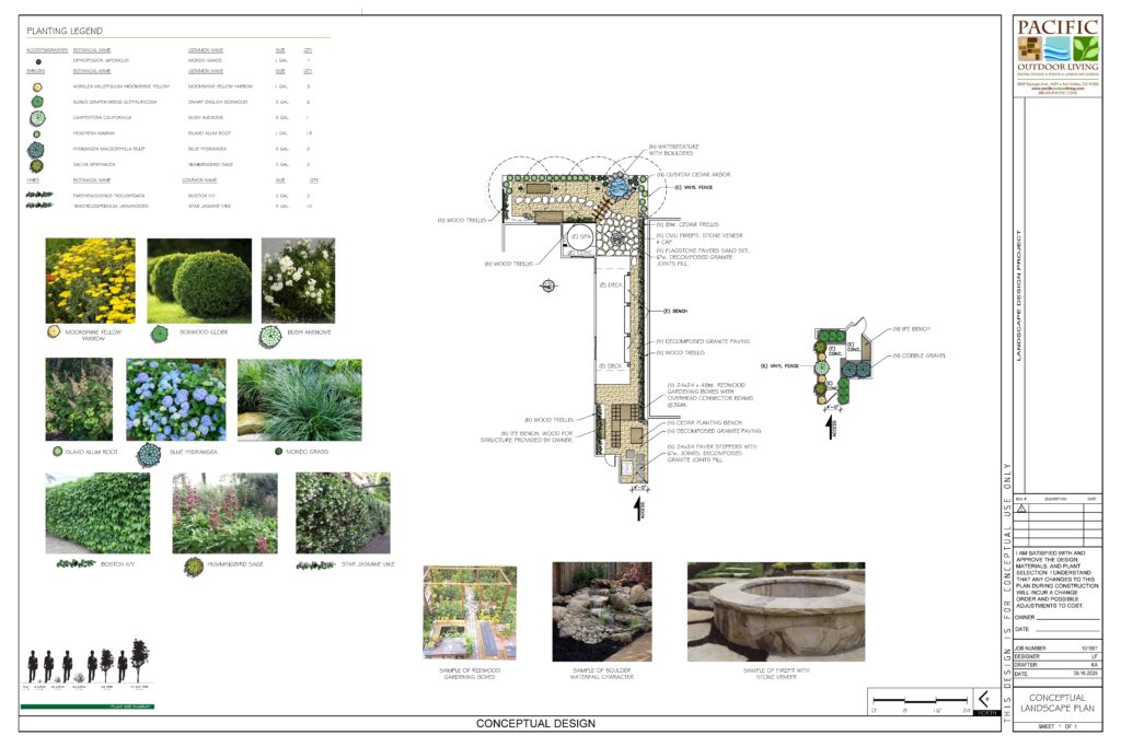 Conceptual landscape design plan showing patio and firepit area layout by Pacific Outdoor Living
