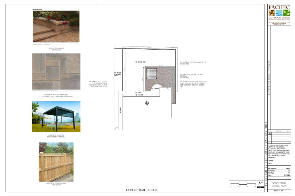 Conceptual landscape design plan showing pergola and patio area layout by Pacific Outdoor Living