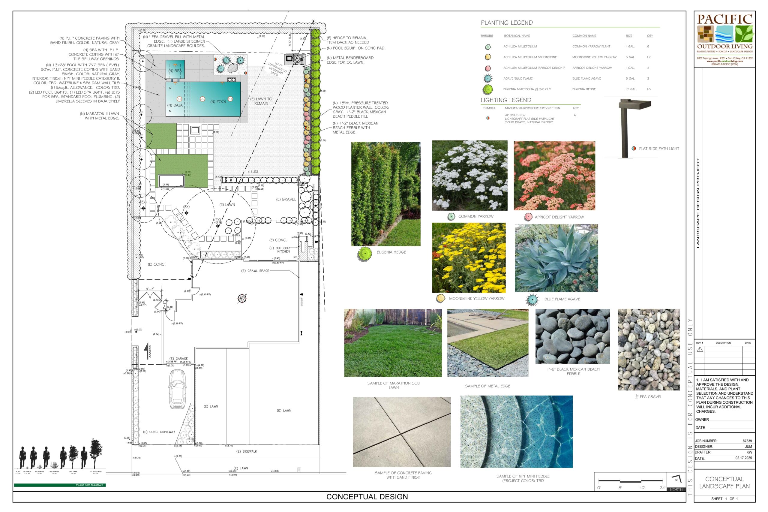 Conceptual landscape design plan showing backyard area, pool and spa, seating area, and firepit layout by Pacific Outdoor Living