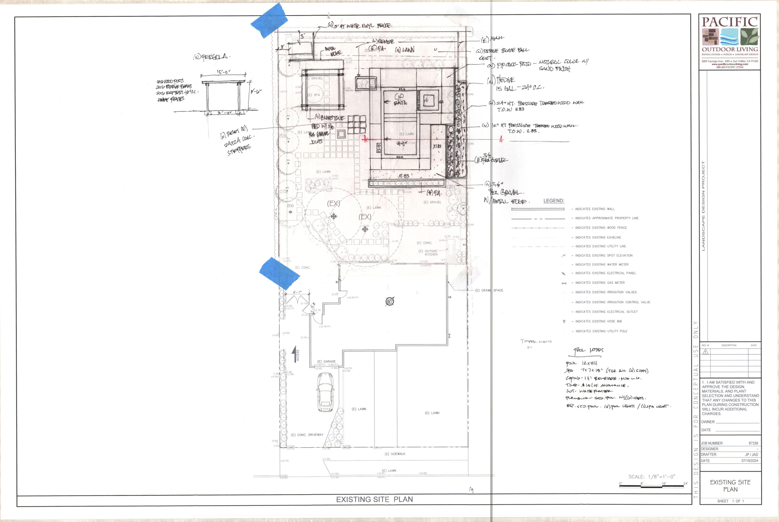 Hand-drawn design sketch for backyard area transformation layout by Pacific Outdoor Living