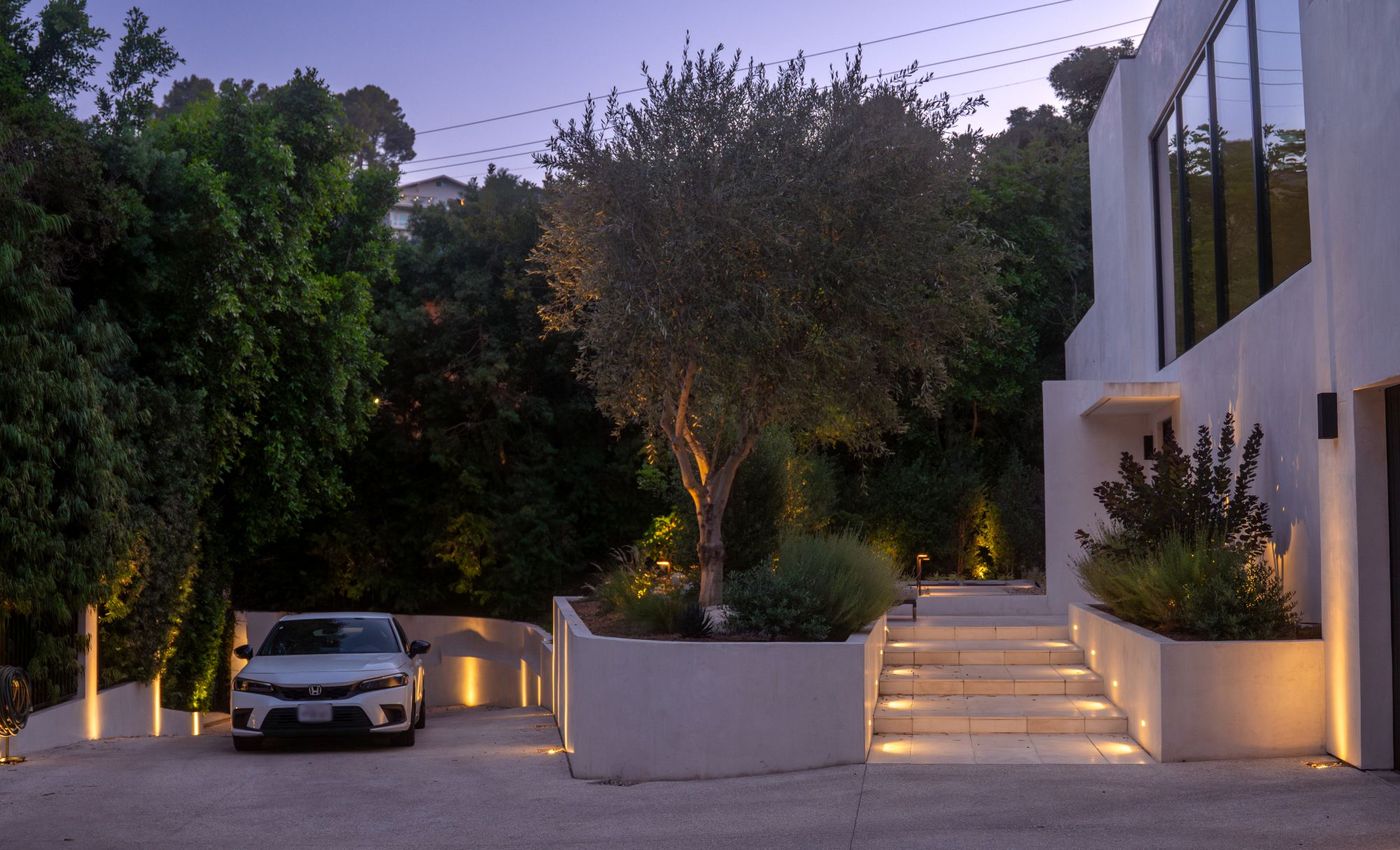 Contemporary home entry with illuminated steps, driveway lighting, and mature trees at dusk.