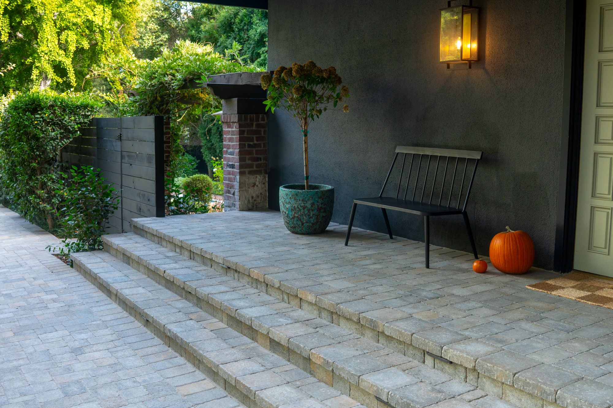 Modern paver entry steps and front porch design