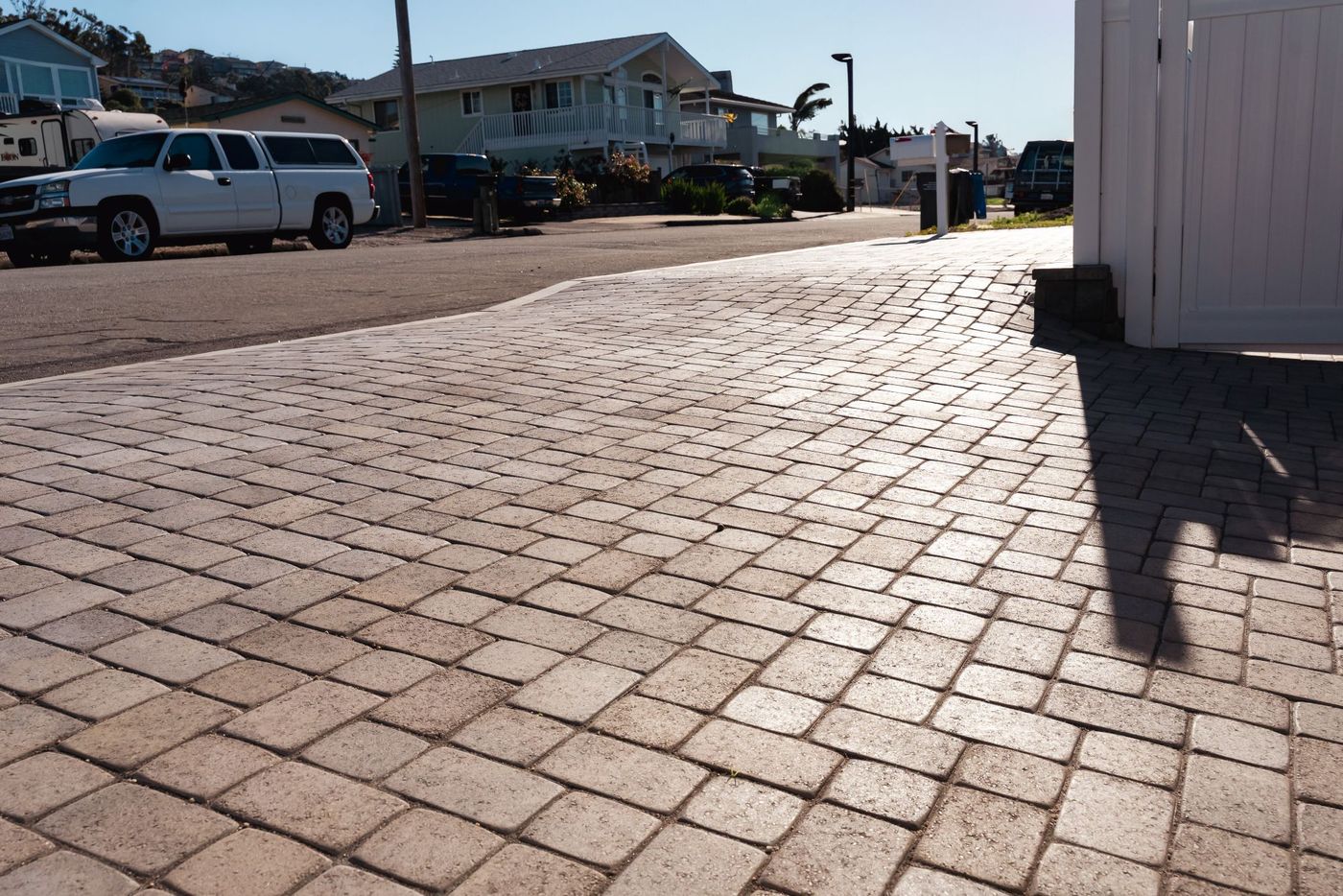 Front entry walkway and steps constructed with interlocking concrete pavers at a Morro Bay residence.