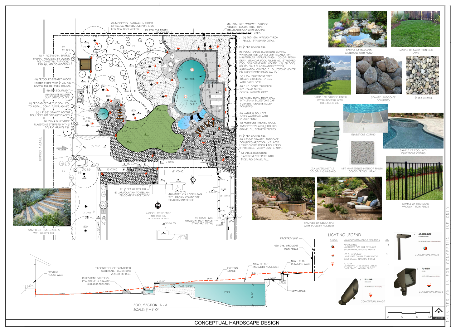 Conceptual hardscape design plan for the Nansel Residence, showing pool layout, planting, material samples and a lighting legend
