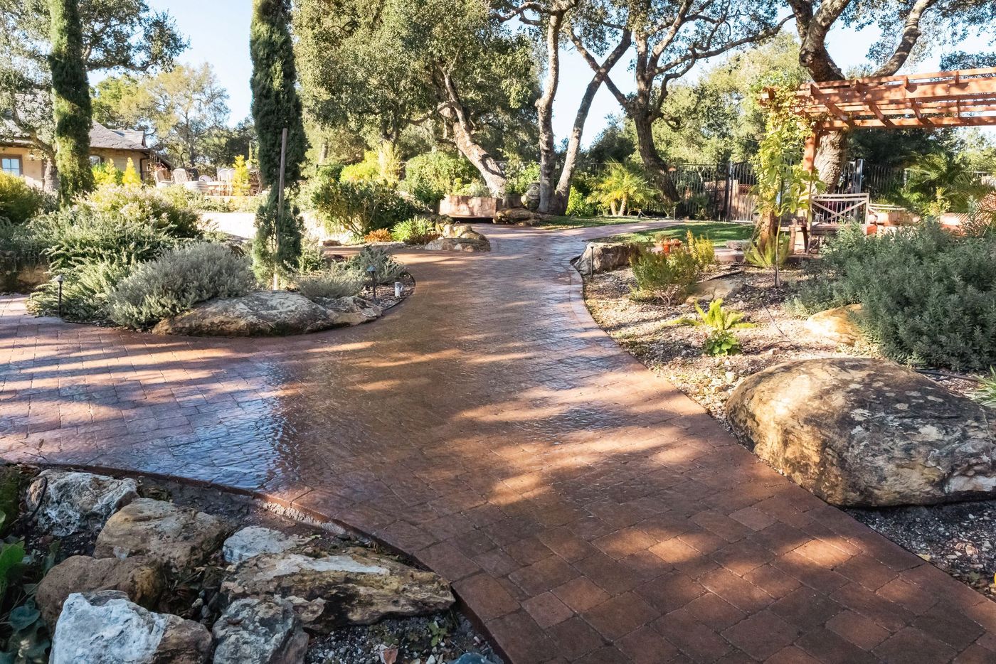 Luxury outdoor living space in Paso Robles featuring a curved paver walkway, mature oak trees, and layered planting beds.