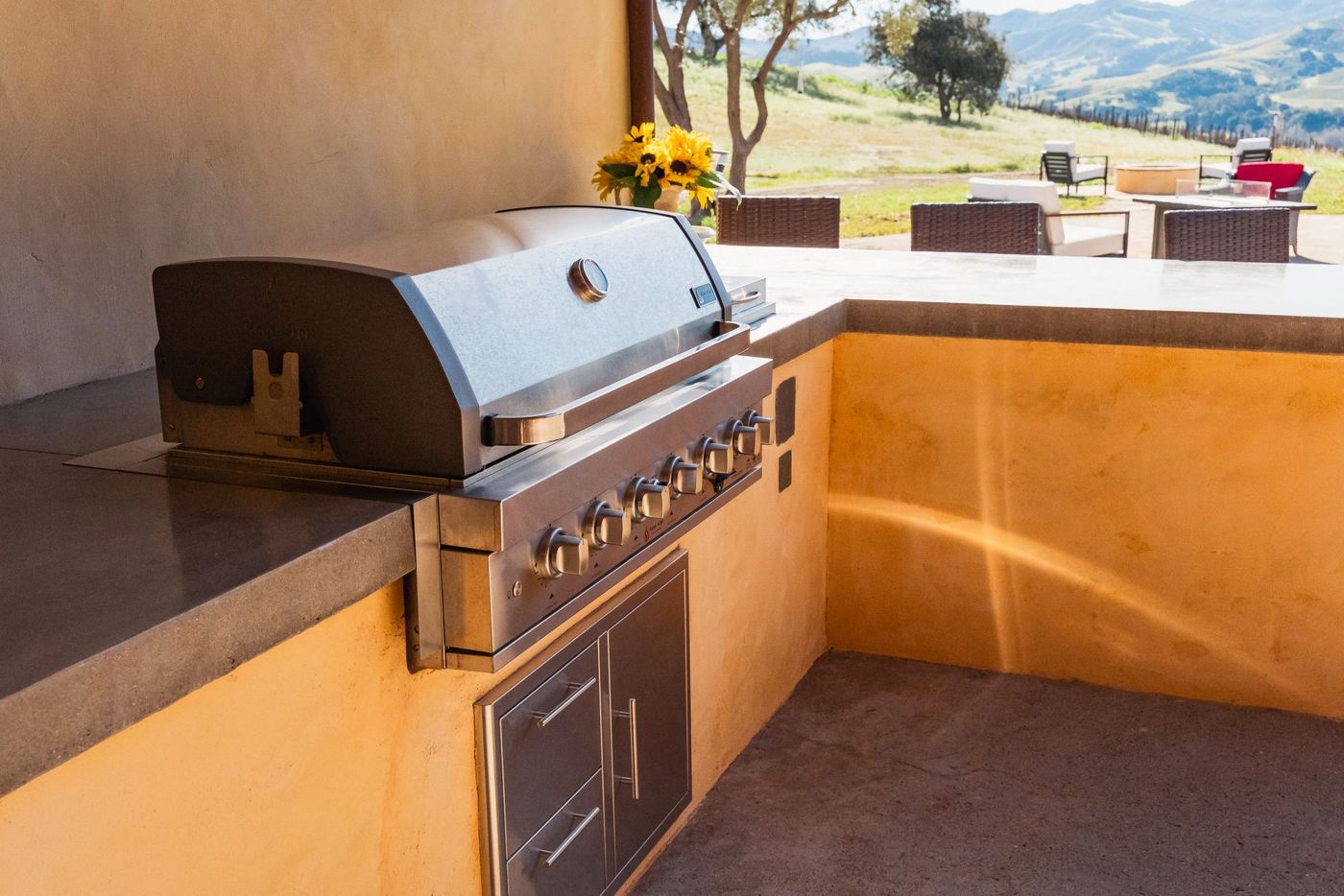 Stainless steel built-in BBQ grill installed in a custom outdoor kitchen in San Luis Obispo.