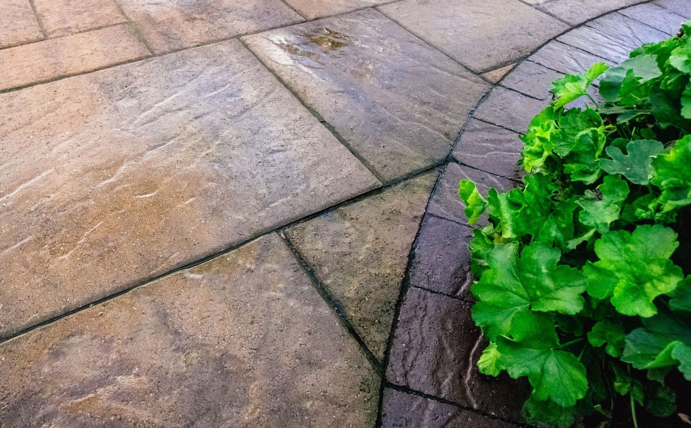 Close-up of decorative paver patio with curved border and textured finish installed in a Santa Maria backyard.