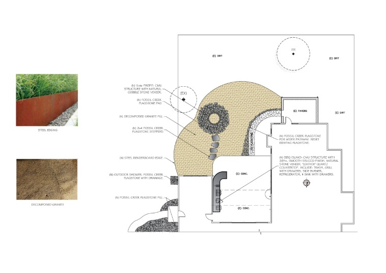 Landscape design plan showing flagstone, decomposed granite, pavers, and a BBQ island with material swatches