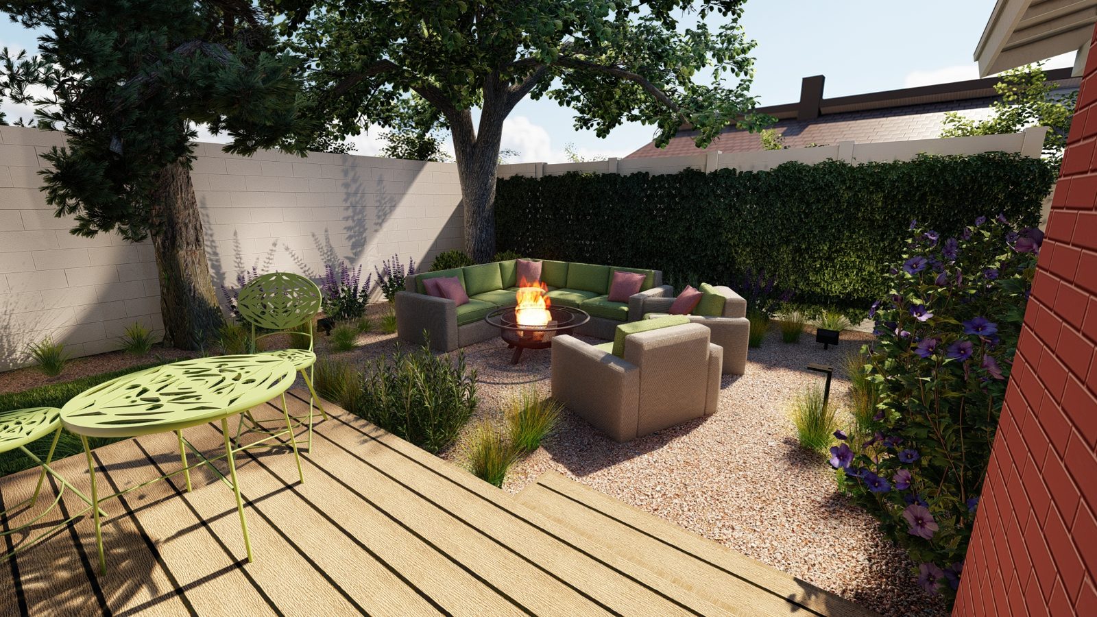 Shell Beach 3D rendering reviewing deck material, gravel, planting, lighting and sheltered seating layout for a coastal yard