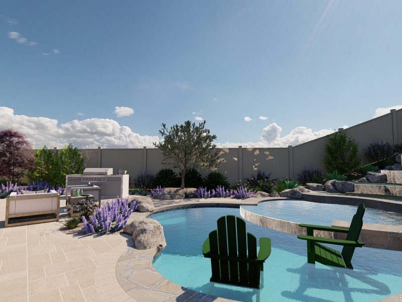 3D design rendering showing waterfall, pool, outdoor kitchen and seating area created by Pacific Outdoor Living