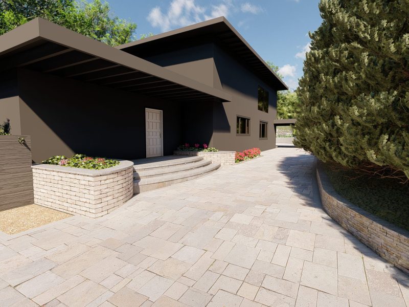 3D landscape design rendering showing driveway created by Pacific Outdoor Living
