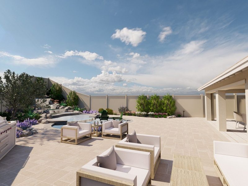 3D design rendering showing waterfall, pool, outdoor kitchen and seating area created by Pacific Outdoor Living