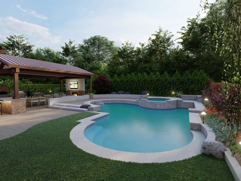 3D landscape design rendering showing pool and seating area created by Pacific Outdoor Living