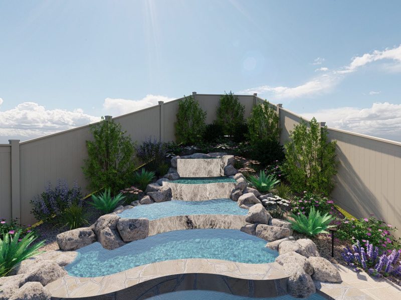 3D design rendering showing waterfall created by Pacific Outdoor Living