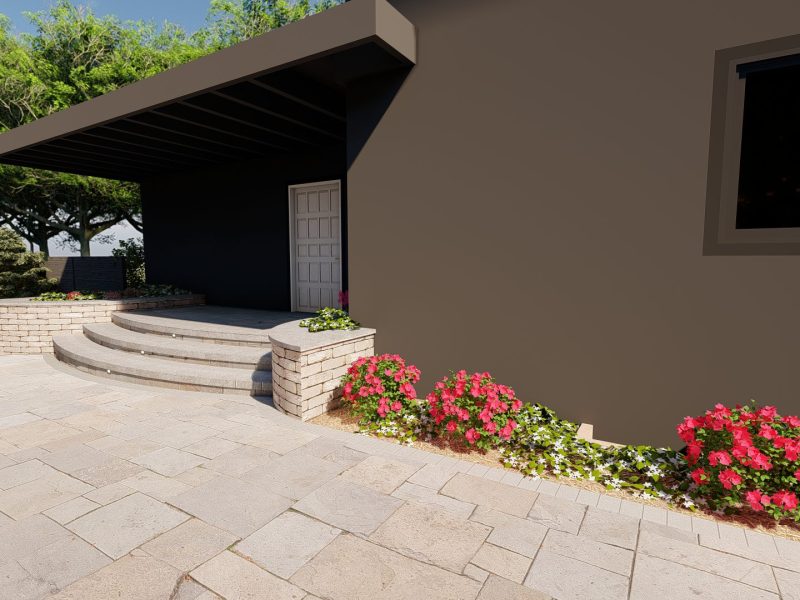 3D landscape design rendering showing driveway created by Pacific Outdoor Living