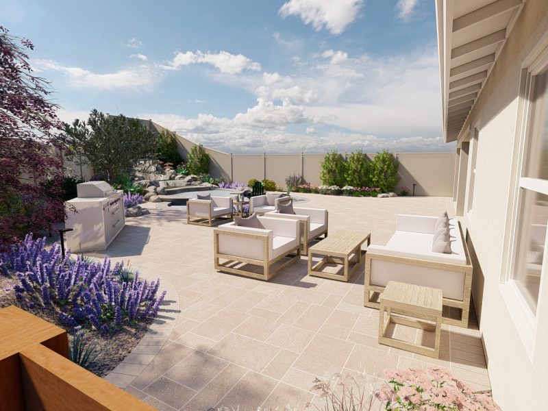 3D design rendering showing waterfall, pool, outdoor kitchen and seating area created by Pacific Outdoor Living