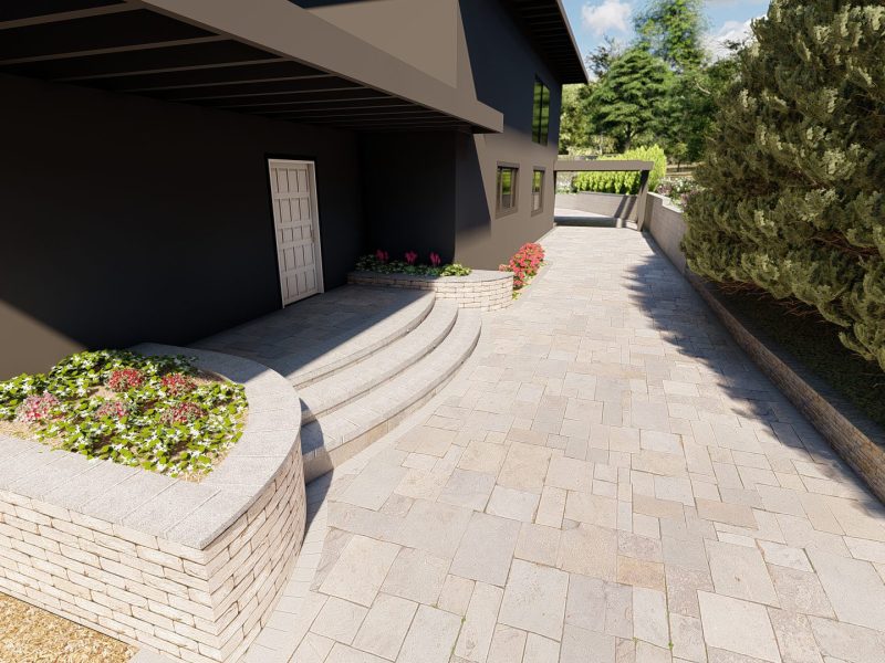 3D landscape design rendering showing driveway created by Pacific Outdoor Living