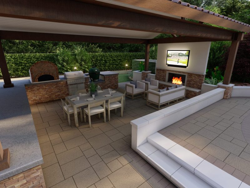 3D landscape design rendering showing pool and seating area created by Pacific Outdoor Living