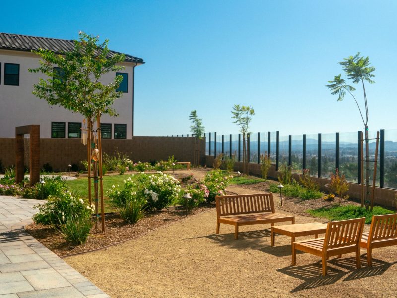 Wood bench seating placed along decomposed granite paths within a flowering courtyard garden bordered by glass fencing