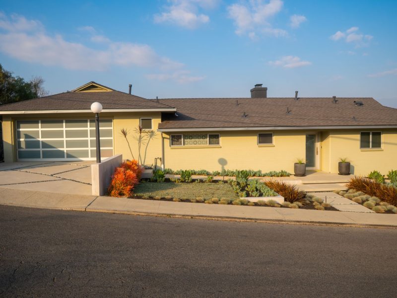 California front yard landscape with layered succulents, ornamental grasses, clean concrete entry path, and modern planting design creating strong curb appeal.