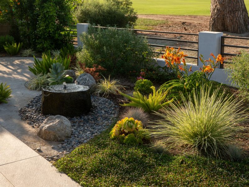 Decorative garden bed with succulents, ornamental grasses, boulders, and a small bubbling water feature beside a patio.