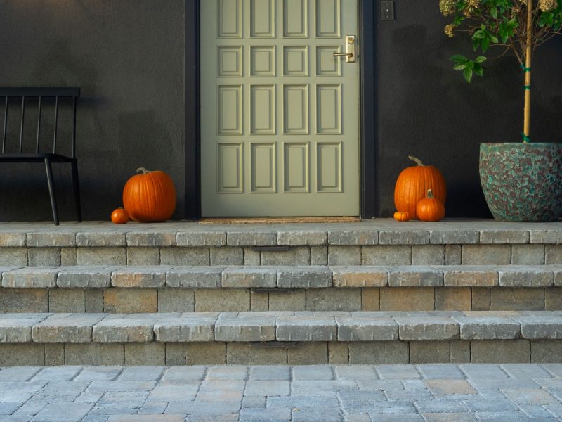 Close view of modern front entry door with stacked paver steps, decorative pumpkins, planter, and clean contemporary hardscape design.