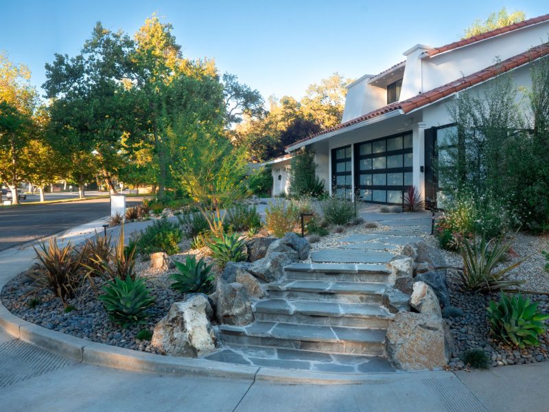 Front yard landscape design featuring stone entry steps, decorative rocks, and drought-tolerant planting at a modern home.