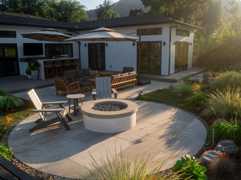 Outdoor living space featuring fire pit, cushioned seating, patio decking, and contemporary home exterior.