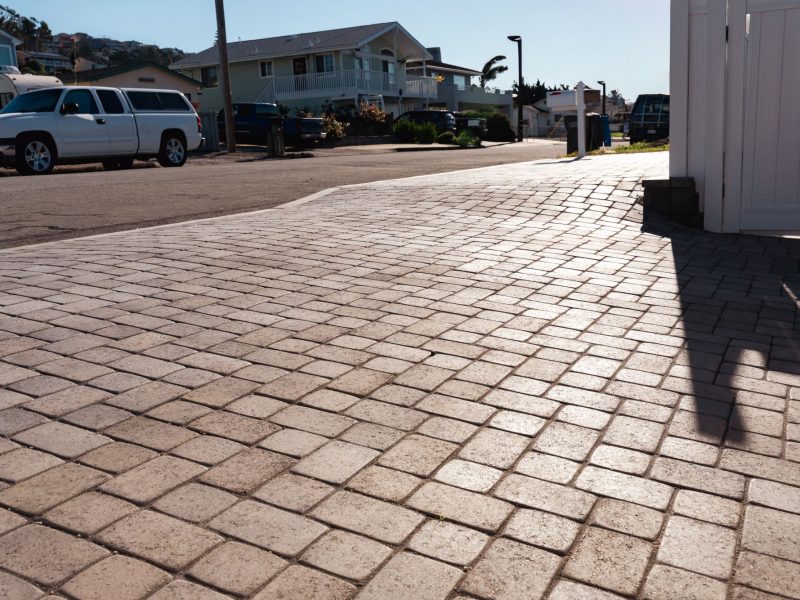 Front entry walkway and steps constructed with interlocking concrete pavers at a Morro Bay residence.