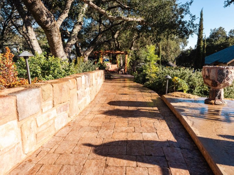 Curved garden pathway in Paso Robles featuring stamped concrete pavers and lush drought-tolerant landscaping.