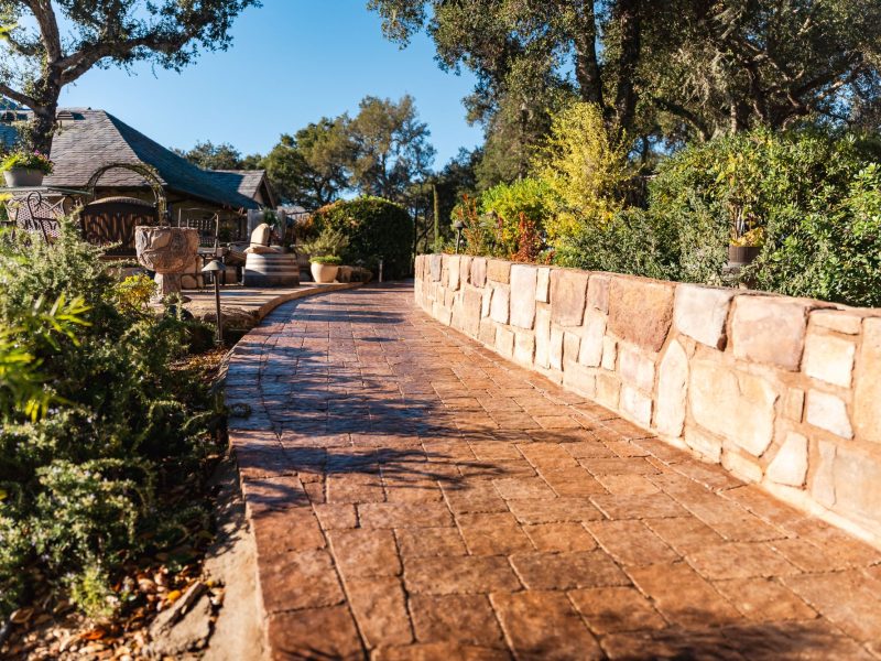 Custom paver walkway in Paso Robles running beneath mature oak trees with natural stone retaining wall and landscape lighting.
